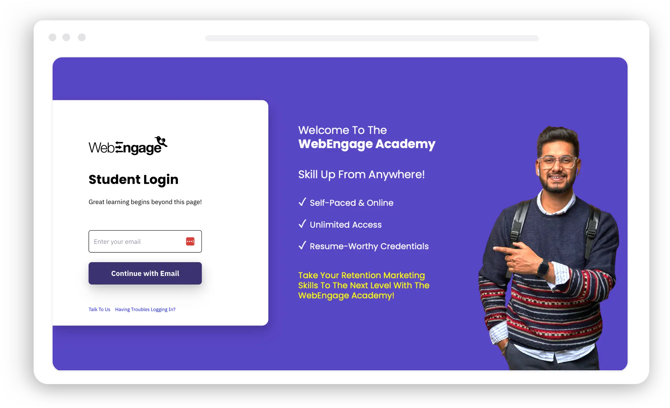 Screenshot of WebEngage’s academy login page